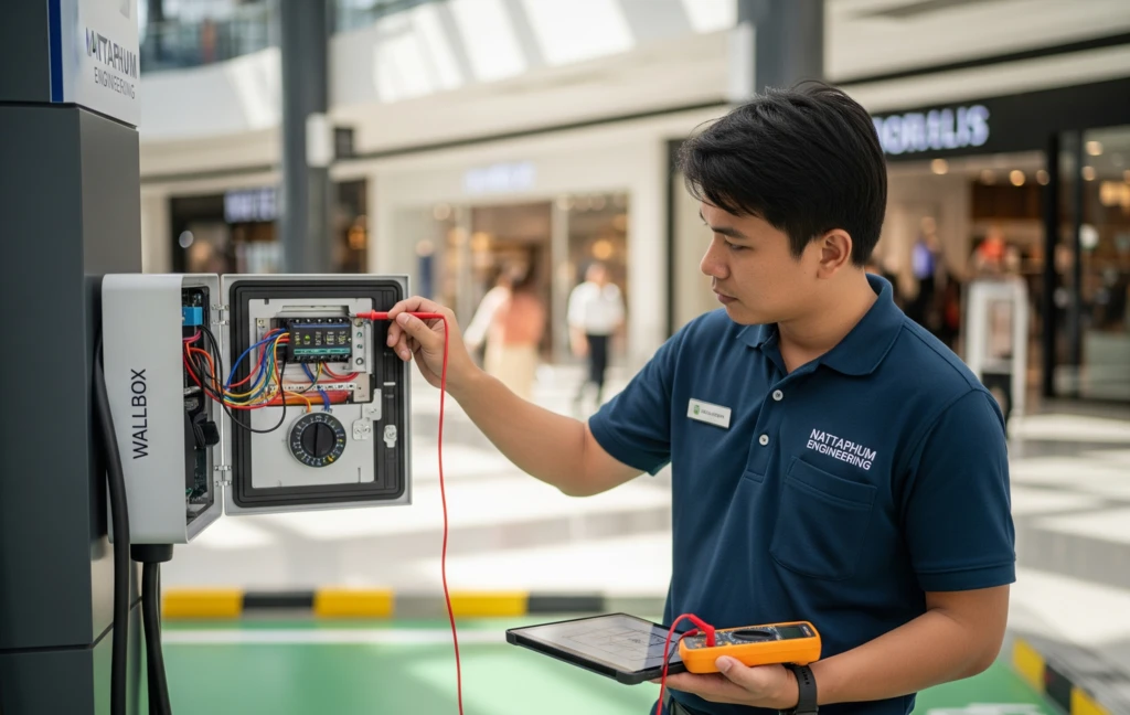 ติดตั้ง ev charger ห้างสรรพสินค้ากับณัฐภูมิ ผู้เชี่ยวชาญด้านระบบไฟฟ้า
