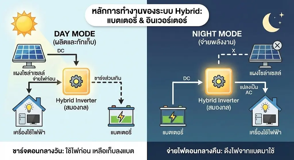 หลักการทำงานของแบตเตอรี่โซล่าเซลล์กับระบบ hybrid inverter